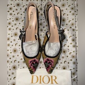 Dior Pink and Tan Floral Embroidered Heels